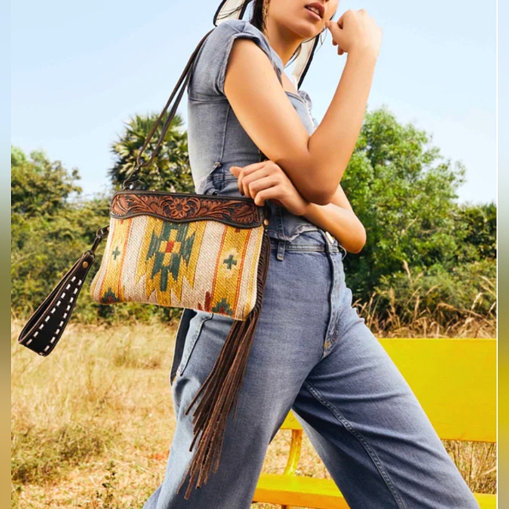 Myra Bag Hand Tooled Clutch Crossbody Shoulder Bag 💜 Rancher Aztec Western - Picture 2 of 16